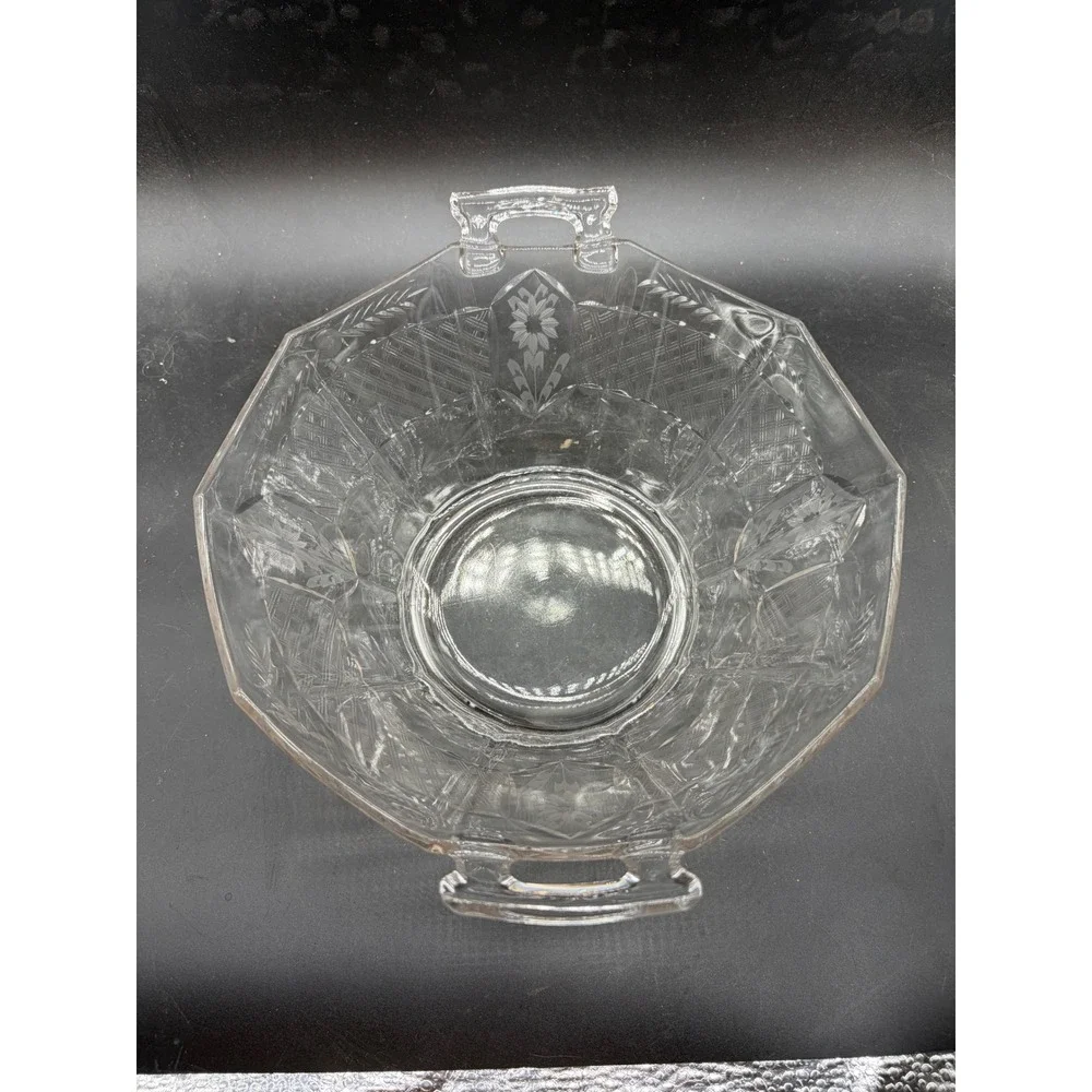 Vintage‎ Clear Etched Glass Octagonal Serving Bowl Floral Geometric Dual Handles